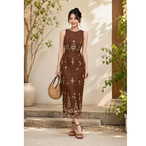 Robe trapèze chic en lin brut de 118 cm de long, style Vietnamien, idéale pour le bureau, les soirées, les cafés et le travail. - Product Image 1