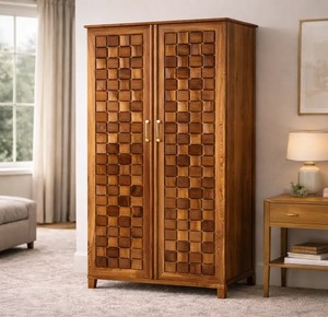 Armario Moderno de Madera Maciza Tallada en 3D | Armario de dormitorio de madera tallada a cuadros |   Cajón y Cerradura |   Comercio al por mayor B2B en India - Product Image 1