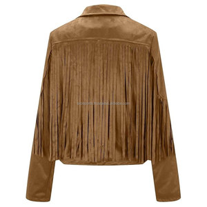2025 OEM Original chaqueta de cuero de vaca marrón para mujer precio al por mayor bajo Moq 100% chaqueta de flecos de moda de invierno de alta calidad - Product Image 2