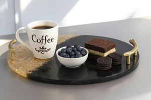 Plateau de rangement rond en résine, design feuille d'or noir, finition polie, luxe moderne, passe au lave-vaisselle, multifonction, facile à nettoyer, utilisation sur table - Product Image 4