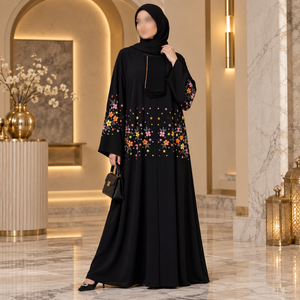 Elegante Abaya Negra con Bordado Floral |   Vestido Islámico Modesto para Mujeres Musulmanas, Tela Premium, Manga Ancha, Diseño Elegante de Abaya - Product Image 4