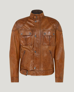 Blouson moto en cuir véritable marron pour homme, col montant, fermeture boutonnée, coupe classique, style automne, fournisseur en gros pour marques privées - Product Image 1
