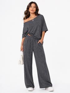 Ensemble de survêtement ample à épaules dénudées avec sweat à capuche, haute qualité, logo personnalisé, deux pièces, tenue décontractée, vente en gros ODM - Product Image 4