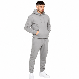 Men's Gray Hooded Tracksuit Set Full Length Cargo Pants Solid Color Casual Wear Regular Fit Autumn Style 100% Cotton Breathable - Product Image 2