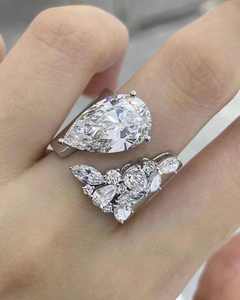Pear Cut Moissanite <b>Ring</b> White Gold Plated Statement Band Oval and Marquise Side Stone Women Jewelry - Product Image 2