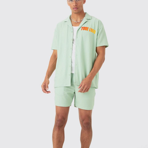 Ensemble chemise et short d'été pour homme, vert menthe uni, 100% coton tricoté respirant, tenue décontractée 280g, logo frontal, col rond - Product Image 4