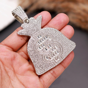 Colgante de Plata de Ley 925 con diseño de Bolsa de Dinero, con incrustaciones de Moissanita de corte brillante redondo, estilo Hip Hop llamativo para hombre - Product Image 3
