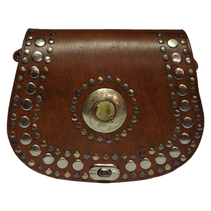 BiyaDNA Store-Sac à main élégant en cuir de veau marron en forme de selle, motif de pierre, plaque d'or, accessoire de voyage vintage haut de gamme - Product Image 1