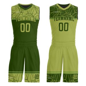 Ensemble d'uniformes de basketball personnalisés sublimés, motif géométrique vert, col en V, sans manches, tissu en maille respirant, unisexe adulte, athlétique - Product Image 1