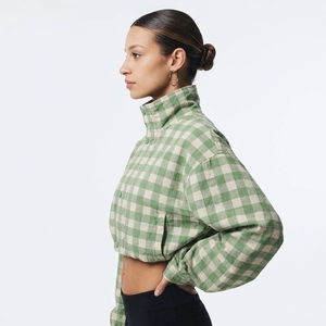 Blouson Vert à Carreaux de Haute Qualité pour Femme, Col Montant, Manches Longues, Fermeture Éclair, Manches Bouffantes, Longueur Courte, Printemps - Product Image 3