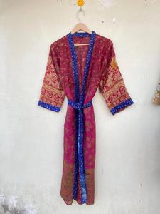 Floral 100% Silk Drawstring V-neck <b>Cardigan</b> Robe for Women <b>Red</b> Blue Kimono Gown Summer Autumn Spring Size Free Smooth Daily Life - Product Image 3