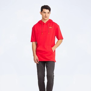 Camiseta con Capucha Roja Unisex, Manga Corta, Corte Regular, Algodón Tejido, Ropa Casual de Invierno con Bolsillo Delantero, Impresión Digital - Product Image 1
