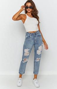 Jeans de Mezclilla Azul Desgastado de Talle Grande para Mujer, Corte Boyfriend, Cintura Media, Pierna Recta, Estilo Casual de Primavera - Product Image 3