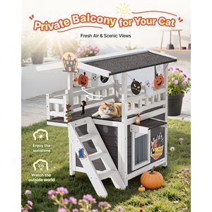 Casetta per Gatti a 2 Piani in Legno da Esterno con Scale e Balcone, Rifugio Rialzato per Gatti Randagi, Spaziosa Stanza Impermeabile, Mobili per Animali Domestici - Product Image 2