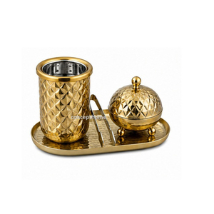 Brass Incense <b>Burner</b> Set With Lid And Tongs Hammered Gold Finish Diamond Cut Design Aromatic All Season Use - Product Image 1