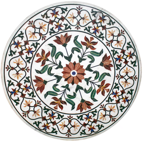 Octagonal <b>white</b> marble bone inlay <b>table</b> top decorated with green and blue flower vines, available at wholesale prices. - Product Image 6