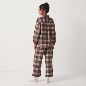 Pyjama en flanelle pour femme, décontracté, 100 % coton, coupe ample, col montant, boutons sur le devant, cordon de serrage, taille mi-haute, style baggy - Product Image 2