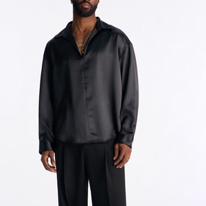 Chemise Homme Luxe Sur Mesure en Satin Noir à Manches Longues Grande Taille Coupe Ample Col Rabattu Unie Décontractée Quotidienne - Product Image 1