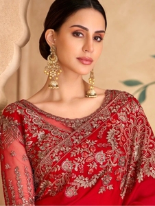 KV Women's Embroidered Embellished Wrinkle-Free Bollywood Designer Satin <b>Saree</b> with Unstitched Blouse (<b>Red</b>) Autumn - Product Image 5