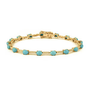 Elegant Trendy Design 4x3mm Turquoise & Diamond K14 <b>Solid</b> Yellow <b>Gold</b> Sleek Tennis Bracelet For Unisex Everyday Wear Jewelry - Product Image 1