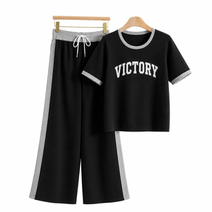 Womens Casual 2 Piece Lounge Set Cotton Blend T Shirt and Wide Leg <b>Pants</b> Matching Outfit <b>Summer</b> Comfort Tracksuit Beige Black - Product Image 3