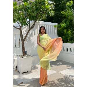 Sari de Chifón Verde Arcoíris sin Mangas, Étnico, Moderno, para Mujeres de India y Pakistán, Disponible en Todas las Temporadas, para Fiestas, Bodas y Eventos - Product Image 2
