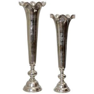 Elegant Scalloped Edge Silver <b>Vase</b> <b>Set</b> of 2 Slim Tapered Pedestal <b>Vases</b> Antique Champagne Silver Tall Flower Holder for Events - Product Image 1