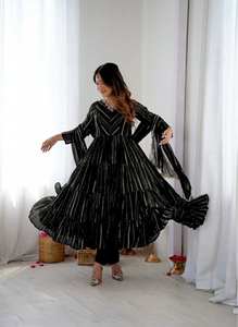 Conjunto de Vestido de Fiesta Mal Chanderi Premium, Completamente Cosido, con Detalles de Espejos Reales - Product Image 3