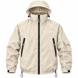 Cream Custom Logo <b>Men</b>’s Hooded Windbreaker <b>Jacket</b> Lightweight Windproof Outdoor Windbreaker <b>Jacket</b> With <b>Reflective</b> Piping - Product Image 1