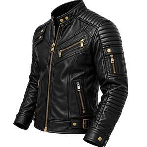 Veste de motard en cuir véritable noir pour homme, fermetures éclair dorées, épaules matelassées, coupe ajustée, coupe-vent, respirante, anti-UV, écologique - Product Image 5