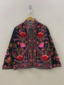 Velvet Suzani Bomber <b>Jacket</b> Hand Embroidered Boho Vintage Short Coat Free Size Ethnic Wear Traditional Embroidery <b>Reversible</b> - Product Image 1