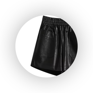 Women's High Waist Leather Shorts Loose Fit <b>Elastic</b> Waist With Pockets Moto Biker Style Solid Black OEM Sample Service - Product Image 3