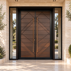 Puerta de Entrada Contemporánea de Madera Sólida con Paneles Laterales de Vidrio, Puerta Exterior Abatible Manual con Acabado de Superficie - Product Image 1