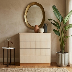 Cómoda Moderna de Madera de Roble Claro con 4 Cajones de Almacenamiento, Panel de Rejilla, Aparador Alto para Dormitorio o Sala de Estar - Product Image 3