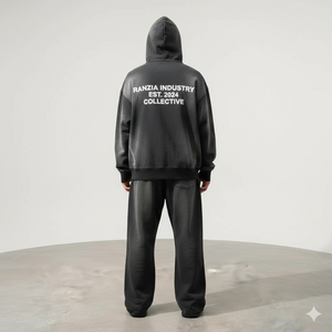 Sudadera con capucha y cremallera completa con parche bordado desgastado y pedrería ecológica de talla grande personalizada de Ranzia Industry y pantalones deportivos con cremallera completa - Product Image 6