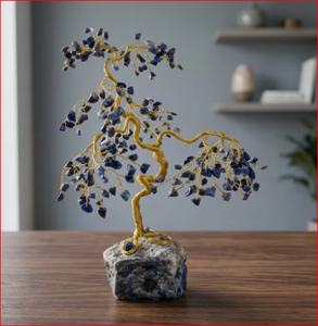 Lapis Lazuli Tree Sculpture Carved with Gold <b>Wire</b> Art on Stone Base for Home Feng Shui Decoration - Product Image 5