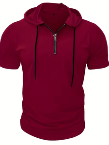 Men's Hooded Henley T-Shirt Short Sleeve Solid Color Regular Fit Casual Knitted Pullover 100% Cotton 200g Back Neck Logo Maroon - Product Image 4