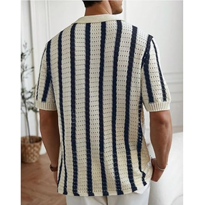 เสื้อสเวตเตอร์แขนสั้นลายทางถักโครเชต์สำหรับผู้ชาย เสื้อเชิ้ตติดกระดุม คอปกแบบโปร่ง เสื้อถัก - Product Image 2