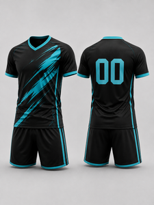 Ensemble d'uniformes de football personnalisés pour hommes, noir et turquoise, col en V, manches courtes, polyester respirant, coupe athlétique toutes saisons - Product Image 1