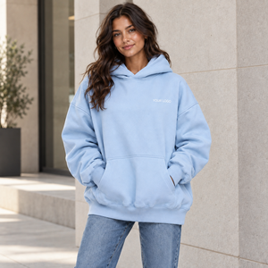 Sweat-shirt à capuche en molleton bleu clair pour femme, coupe régulière, coton, pull oversize avec poches avant, style décontracté, vêtements d'automne - Product Image 1