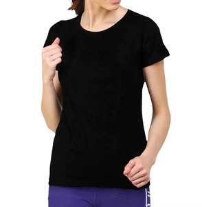 Camiseta de Manga Corta con Cuello Redondo para Mujer, Color Negro, Corte Regular, Informal, de Algodón Jersey, Transpirable, Color Sólido, para Todas las Temporadas - Product Image 5