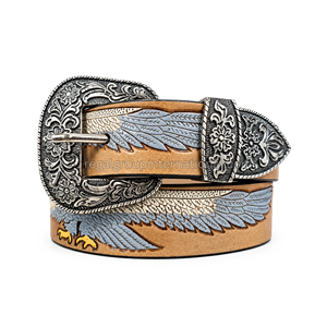 Premium Western Style Eagle Wing Hand Tooled Grain Leather <b>Belt</b> for Men & Women High Quality Tan Brown <b>Cowboy</b> <b>Belt</b> - Product Image 1