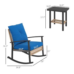 Set Bistrot Blu 3 Pezzi con Cuscini Trapuntati, Sedie a Dondolo in Rattan e Tavolino da Caffè - Set di Mobili in Vimini per Ospedali e Patii - Product Image 3