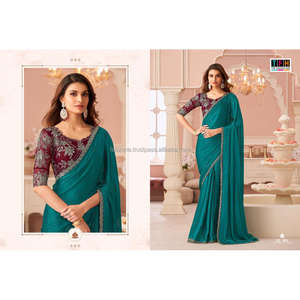 Fantaisie indienne avec séquence de couleurs doubles et broderie de fil Saree à bordure coupée avec chemisier en soie Satin Banglory - Product Image 2