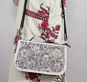 Vintage Genuine Leather Shoulder <b>Bag</b> Floral Embossed <b>Hand</b> Tooling Single Strap Zip Closure <b>White</b> And Black Women's Crossbody <b>Bag</b> - Product Image 2