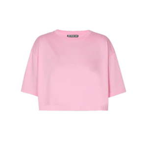 Camiseta Corta de Punto para Mujer, Cuello Redondo, Manga Corta, Color Rosa, Corte Holgado, Estilo Casual, Primavera-Verano - Product Image 1