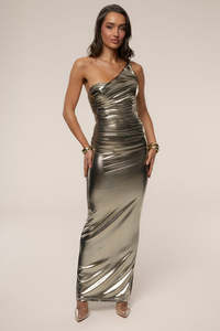 Robe de soirée de luxe pour femme, haute qualité, asymétrique à une épaule, design métallique, longueur ras du sol avec détail froncé - Product Image 3