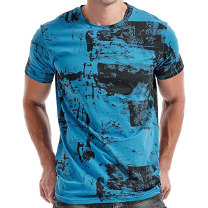 Men's Blue Black Printed Short Sleeve T-<b>Shirt</b> Slim Fit O-Neck Casual Sporty Knitted Breathable Polyester <b>Shirt</b> - Product Image 1