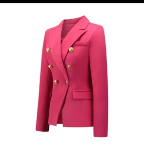 Blazer de doble botonadura para mujer, largo, transpirable, antiarrugas, con botones, color liso, tejido, cuello con muescas, top de traje de negocios - Product Image 2