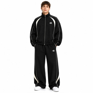 Veste surdimensionnée à col montant raglan sur mesure pour homme, sweat à capuche zippé en molleton français premium, pantalon de survêtement large avec empiècements contrastants, OEM - Product Image 1
